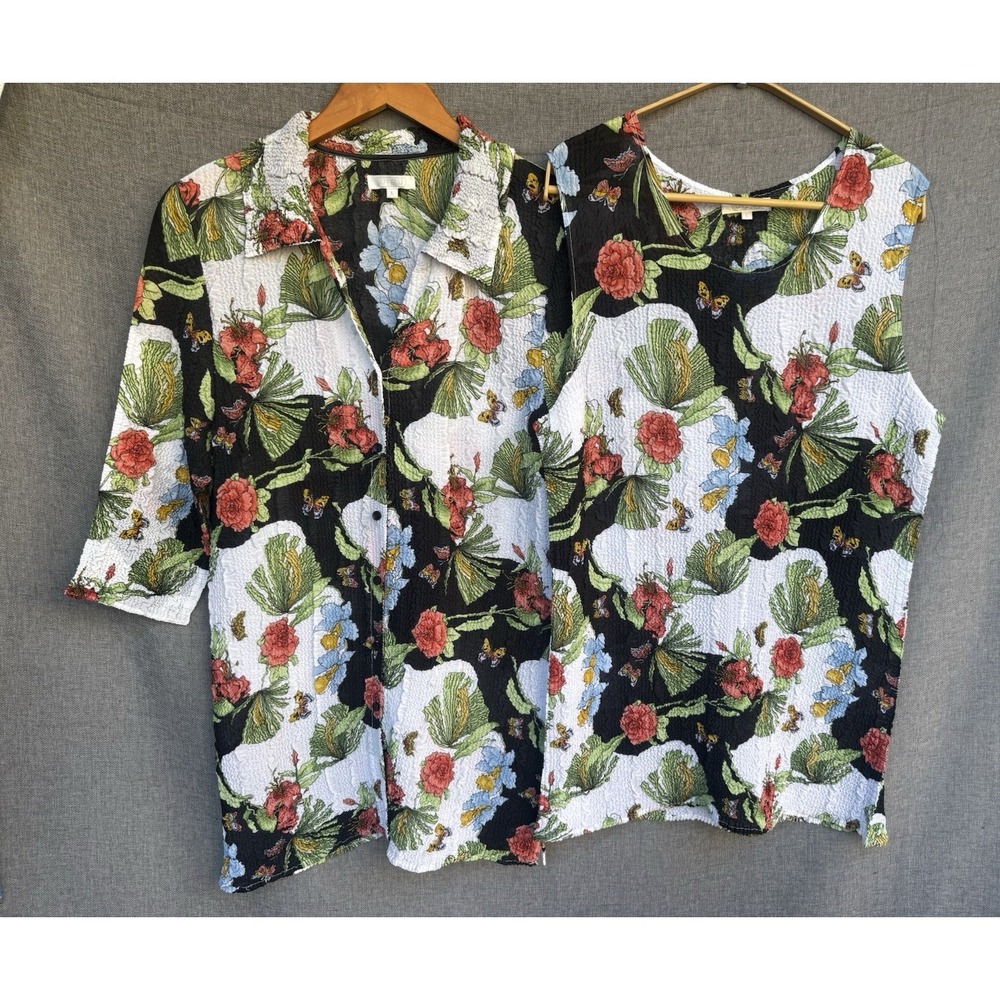 Ubu 2 Pc Floral Textured Button Top & Sleeveless Shirt Size Large White‎ Green
